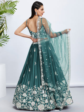 Turquoise Sequined and Embroidered Georgette Lehenga Choli Set ClothsVilla