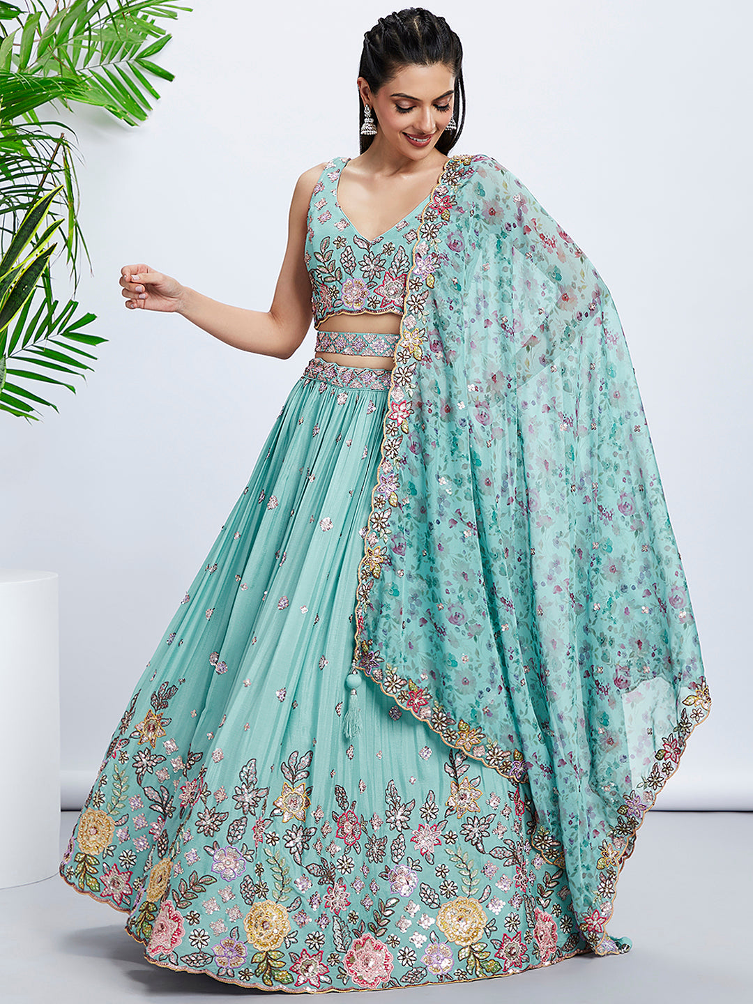Turquoise Sequined & Embroidered Chiffon Lehenga Choli Set with Printed Dupatta ClothsVilla
