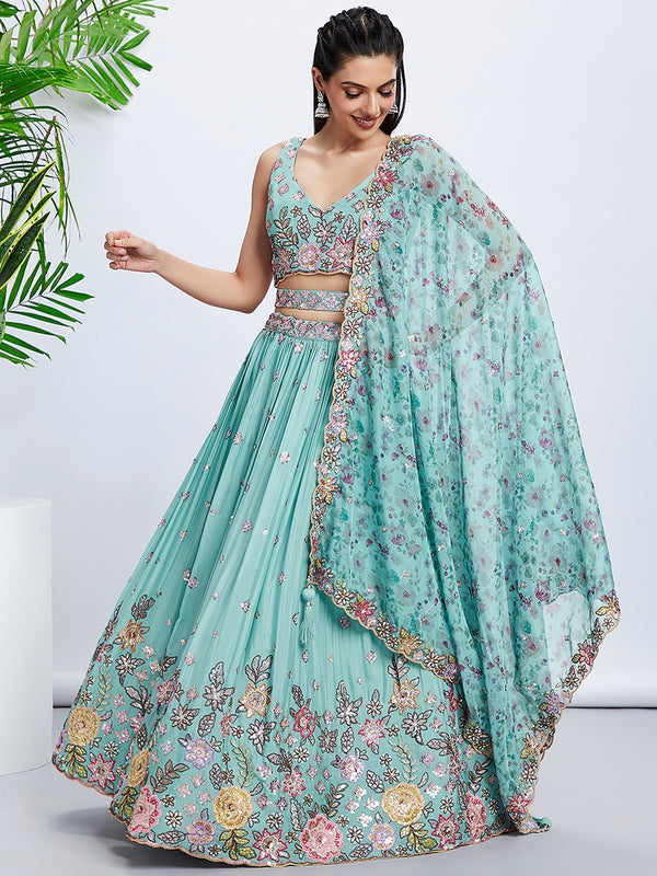 Turquoise Sequined & Embroidered Chiffon Lehenga Choli Set with Printed Dupatta ClothsVilla