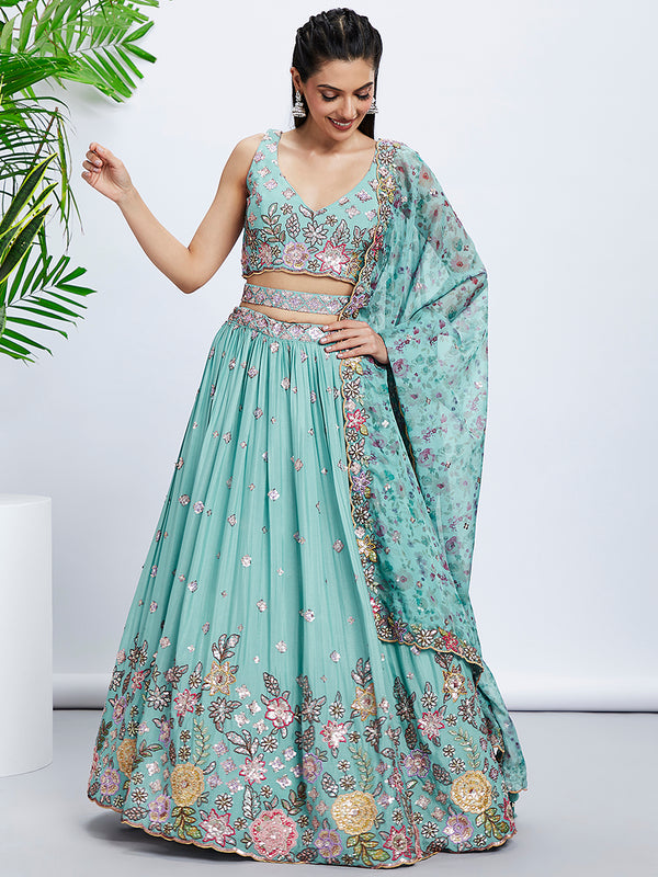 Turquoise Sequined & Embroidered Chiffon Lehenga Choli Set with Printed Dupatta ClothsVilla