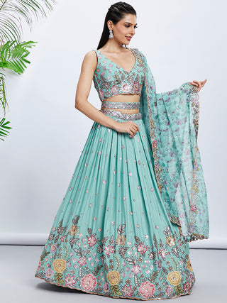 Turquoise Sequined & Embroidered Chiffon Lehenga Choli Set with Printed Dupatta ClothsVilla