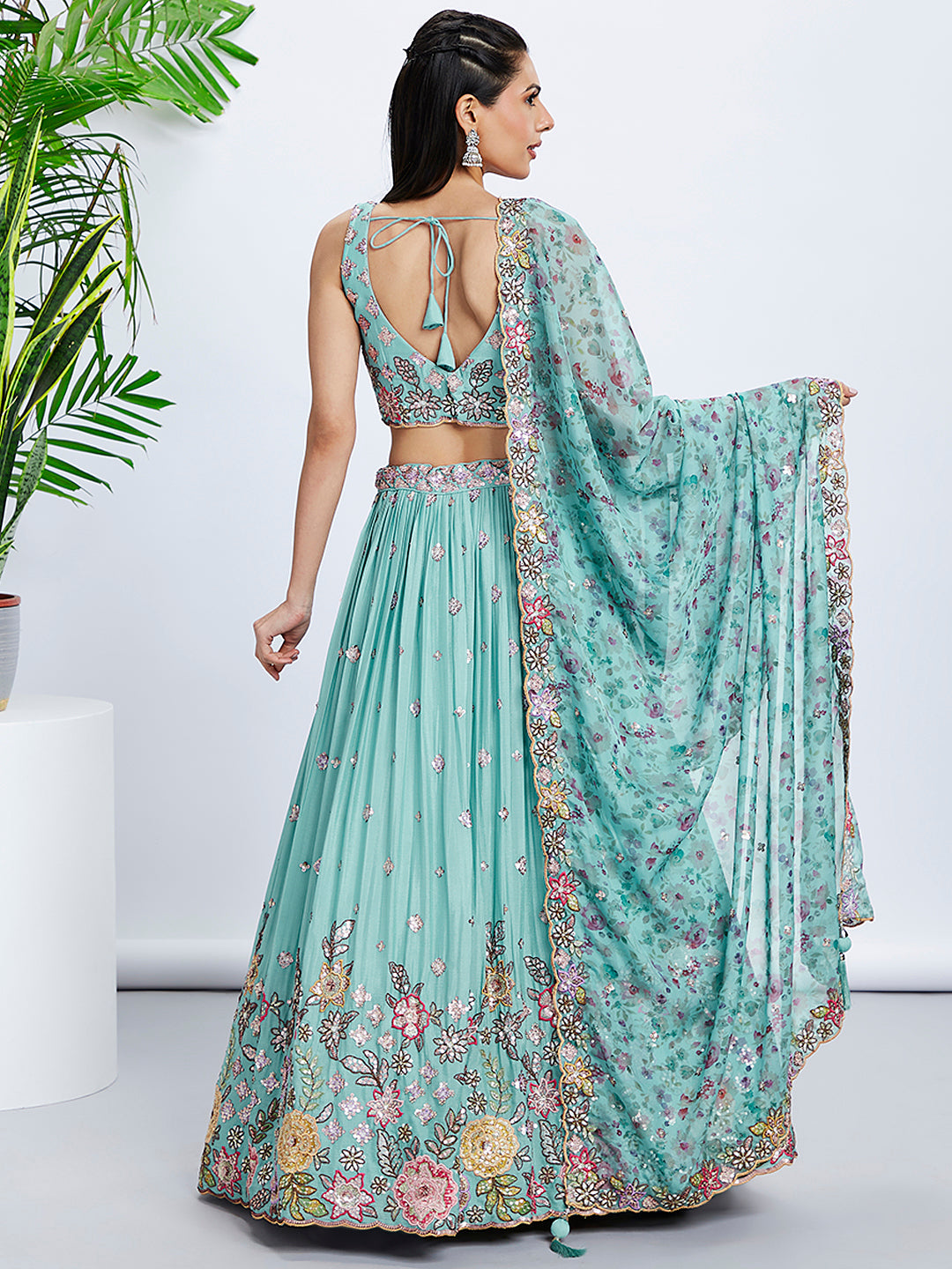 Turquoise Sequined & Embroidered Chiffon Lehenga Choli Set with Printed Dupatta ClothsVilla