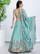 Load image into Gallery viewer, Turquoise Sequined &amp; Embroidered Chiffon Lehenga Choli Set with Printed Dupatta ClothsVilla