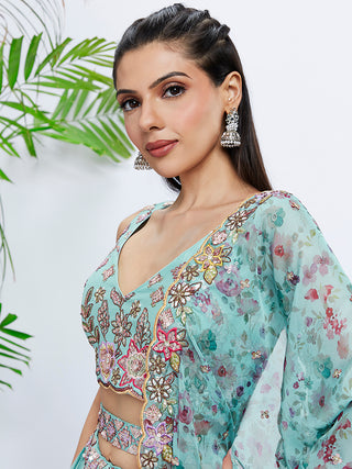 Turquoise Sequined & Embroidered Chiffon Lehenga Choli Set with Printed Dupatta ClothsVilla