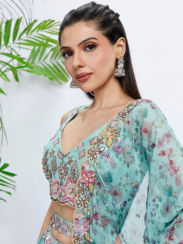 Turquoise Sequined & Embroidered Chiffon Lehenga Choli Set with Printed Dupatta ClothsVilla