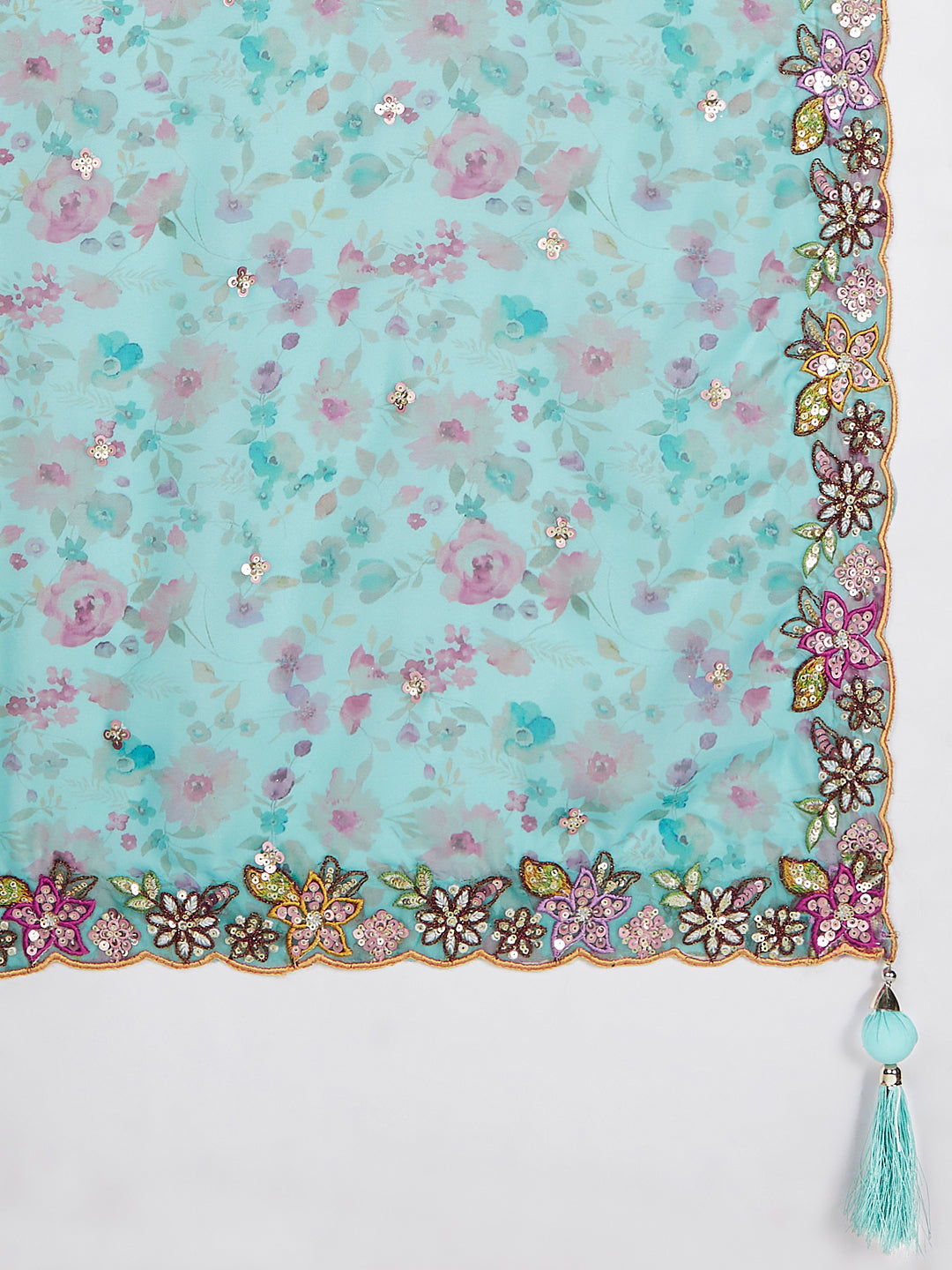 Turquoise Sequined & Embroidered Chiffon Lehenga Choli Set with Printed Dupatta ClothsVilla