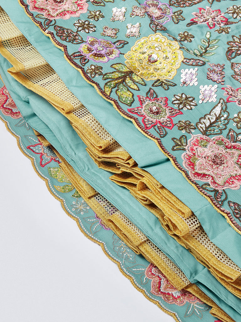 Turquoise Sequined & Embroidered Chiffon Lehenga Choli Set with Printed Dupatta ClothsVilla