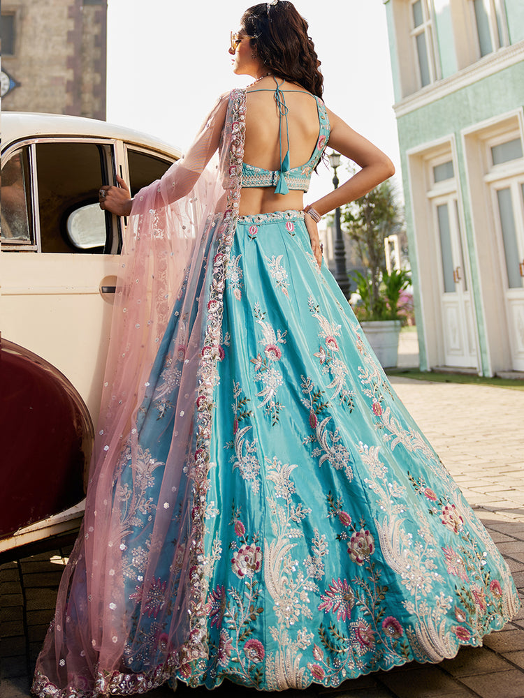 Turquoiseblue Satin Silk Sequins embroidery Semi-Stitched Lehenga choli & Dupatta ClothsVilla