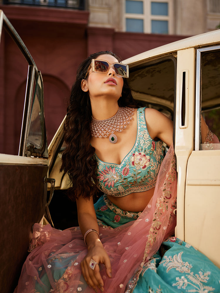 Turquoiseblue Satin Silk Sequins embroidery Semi-Stitched Lehenga choli & Dupatta ClothsVilla