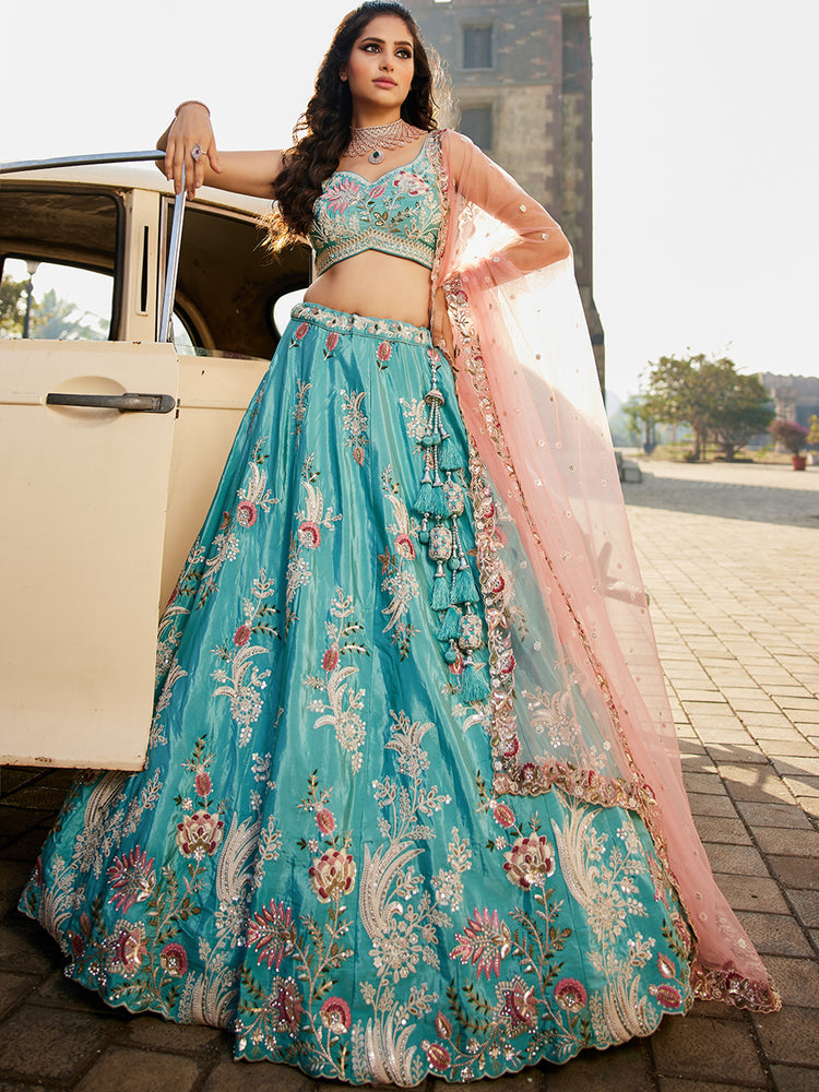 Turquoiseblue Satin Silk Sequins embroidery Semi-Stitched Lehenga choli & Dupatta ClothsVilla
