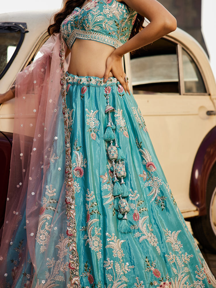 Turquoiseblue Satin Silk Sequins embroidery Semi-Stitched Lehenga choli & Dupatta ClothsVilla