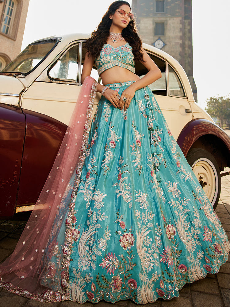 Turquoiseblue Satin Silk Sequins embroidery Semi-Stitched Lehenga choli & Dupatta ClothsVilla