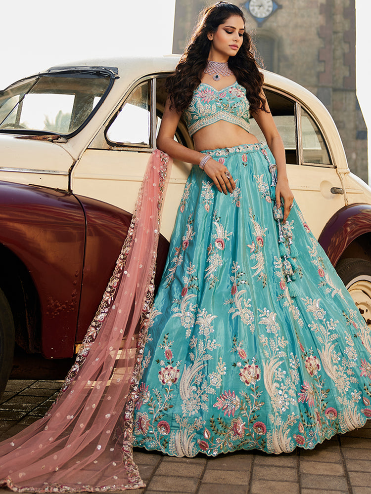 Turquoiseblue Satin Silk Sequins embroidery Semi-Stitched Lehenga choli & Dupatta ClothsVilla