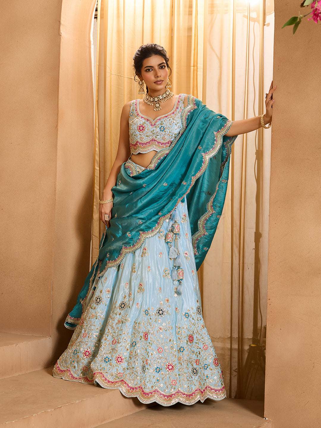 Turquoiseblue Tissue Lehenga Choli with Sequins, Beads & Thread Embroidery – Full-Flared Semi-Stitched Lehenga with Dupatta ClothsVilla