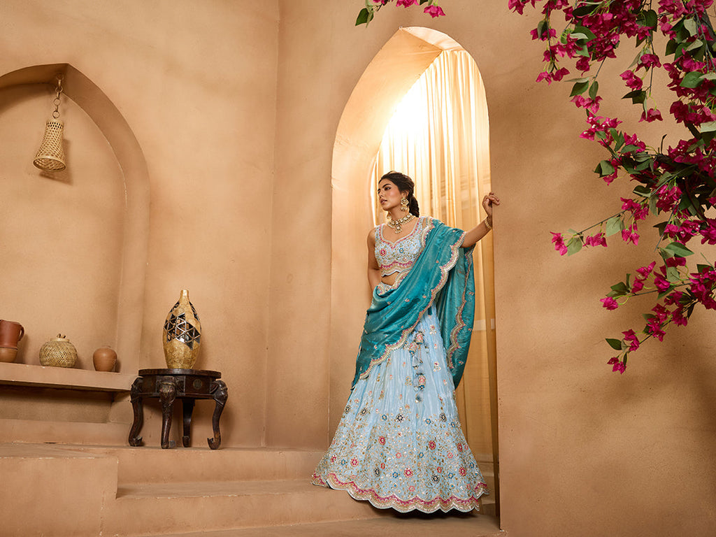 Turquoiseblue Tissue Lehenga Choli with Sequins, Beads & Thread Embroidery – Full-Flared Semi-Stitched Lehenga with Dupatta ClothsVilla