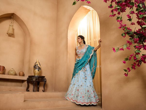 Turquoiseblue Tissue Lehenga Choli with Sequins, Beads & Thread Embroidery – Full-Flared Semi-Stitched Lehenga with Dupatta ClothsVilla