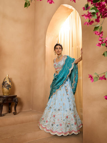 Turquoiseblue Tissue Lehenga Choli with Sequins, Beads & Thread Embroidery – Full-Flared Semi-Stitched Lehenga with Dupatta ClothsVilla