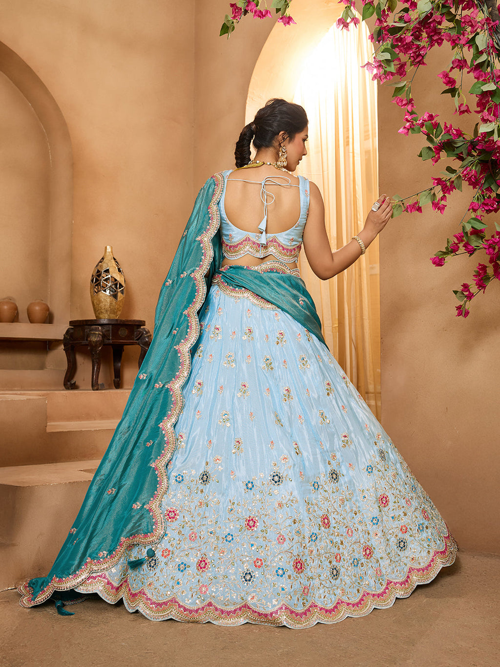 Turquoiseblue Tissue Lehenga Choli with Sequins, Beads & Thread Embroidery – Full-Flared Semi-Stitched Lehenga with Dupatta ClothsVilla