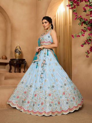 Turquoiseblue Tissue Lehenga Choli with Sequins, Beads & Thread Embroidery – Full-Flared Semi-Stitched Lehenga with Dupatta ClothsVilla