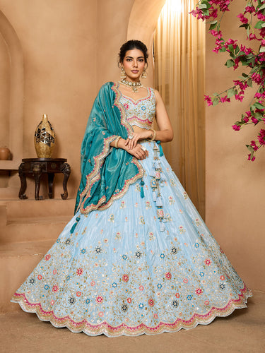 Turquoiseblue Tissue Lehenga Choli with Sequins, Beads & Thread Embroidery – Full-Flared Semi-Stitched Lehenga with Dupatta ClothsVilla