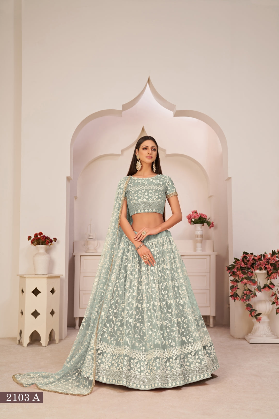 Turquolse Green Elegant Butterfly Net Lehenga with Intricate Embroidery ClothsVilla Main image