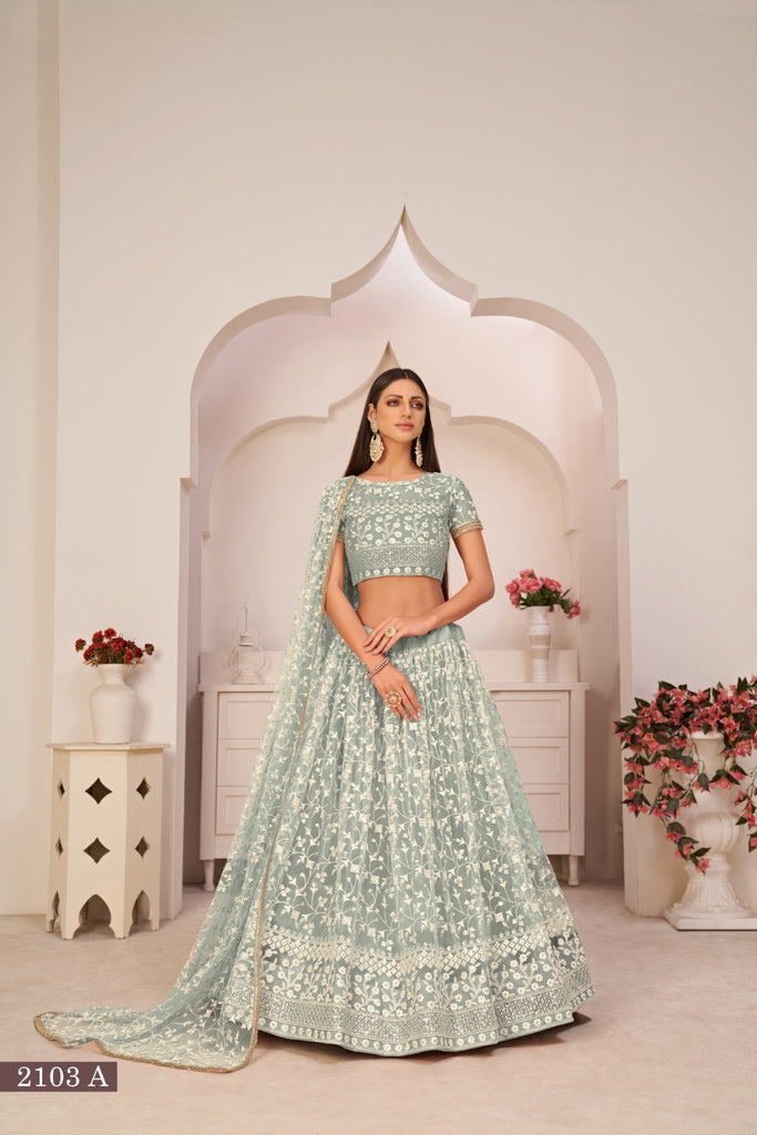 Turquolse Green Elegant Butterfly Net Lehenga with Intricate Embroidery ClothsVilla