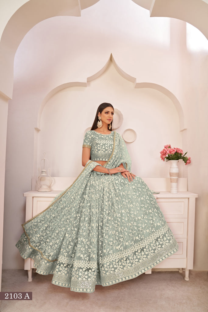 Turquolse Green Elegant Butterfly Net Lehenga with Intricate Embroidery ClothsVilla