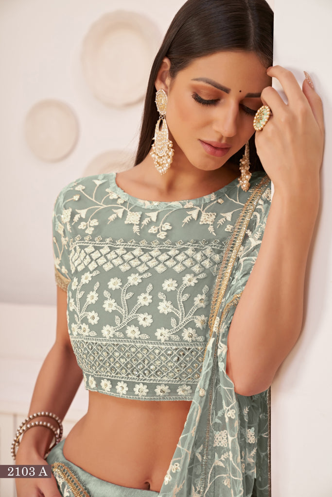 Turquolse Green Elegant Butterfly Net Lehenga with Intricate Embroidery ClothsVilla