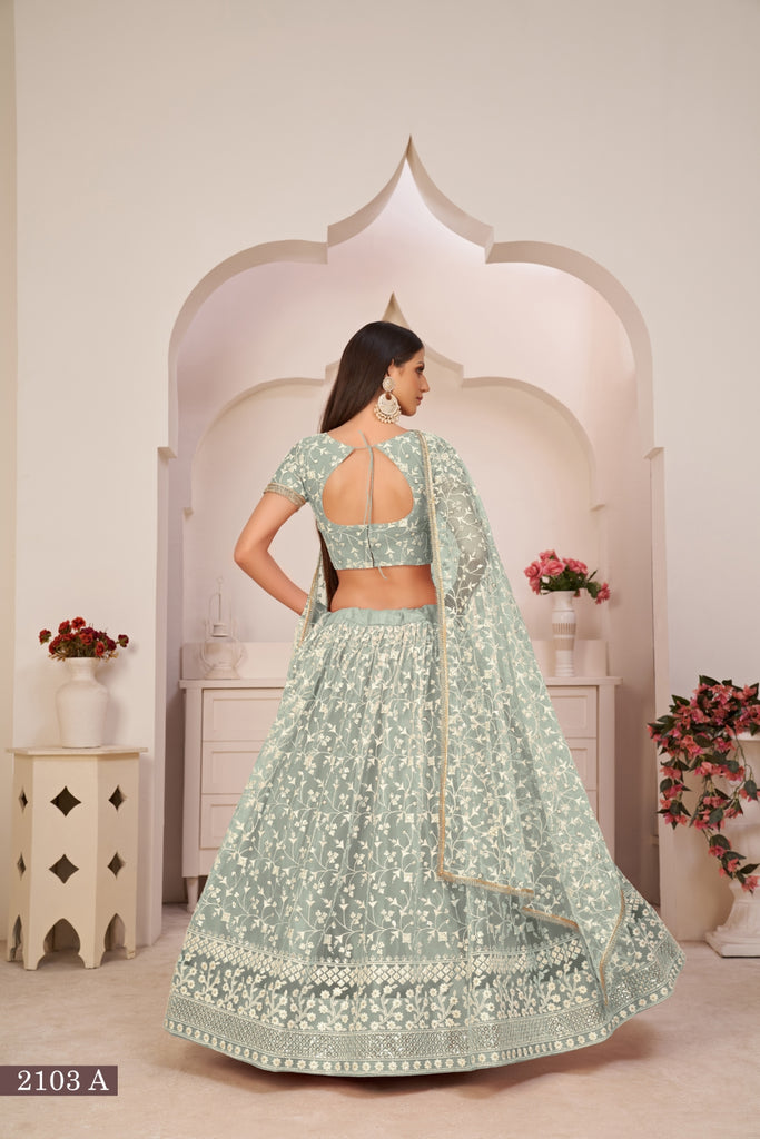 Turquolse Green Elegant Butterfly Net Lehenga with Intricate Embroidery ClothsVilla