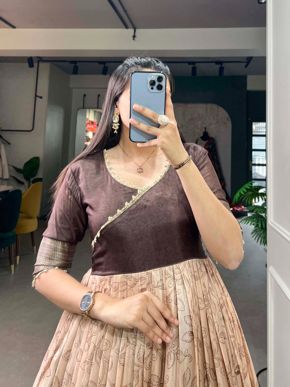 Tussar Silk Brown Printed Gown with Adjustable Comfort ClothsVilla