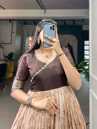Tussar Silk Brown Printed Gown with Adjustable Comfort ClothsVilla