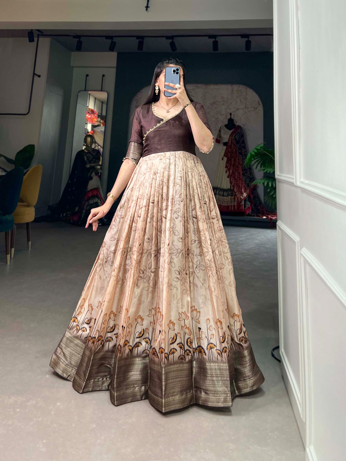 Tussar Silk Brown Printed Gown with Adjustable Comfort ClothsVilla