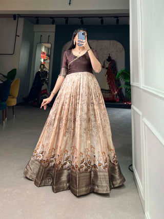 Tussar Silk Brown Printed Gown with Adjustable Comfort ClothsVilla