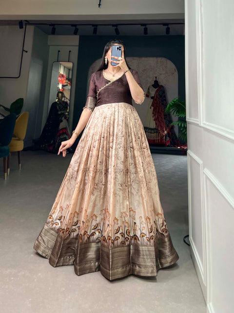 Tussar Silk Brown Printed Gown with Adjustable Comfort ClothsVilla Main image