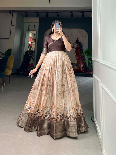 Tussar Silk Brown Printed Gown with Adjustable Comfort ClothsVilla