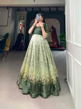 Tussar Silk Green Printed Gown with Adjustable Comfort ClothsVilla