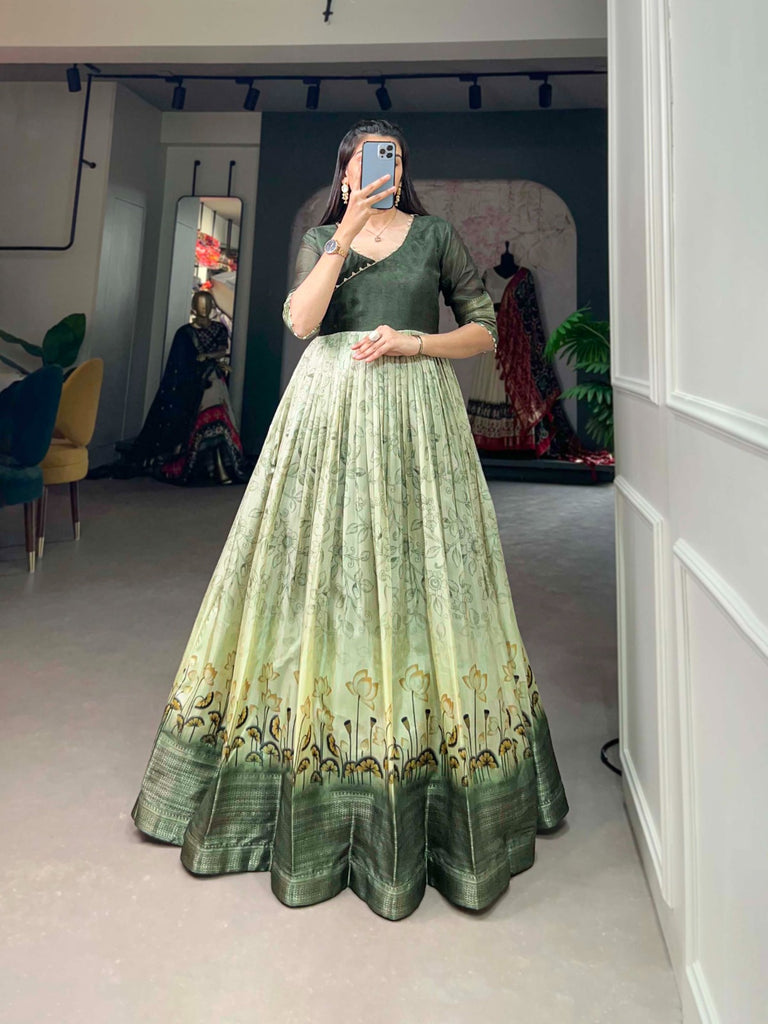 Tussar Silk Green Printed Gown with Adjustable Comfort ClothsVilla