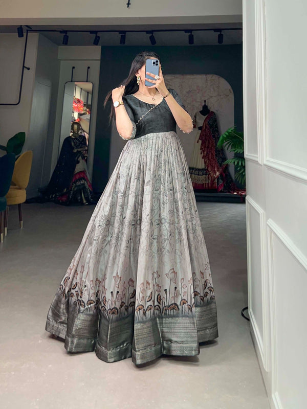 Tussar Silk Grey Printed Gown with Adjustable Comfort ClothsVilla