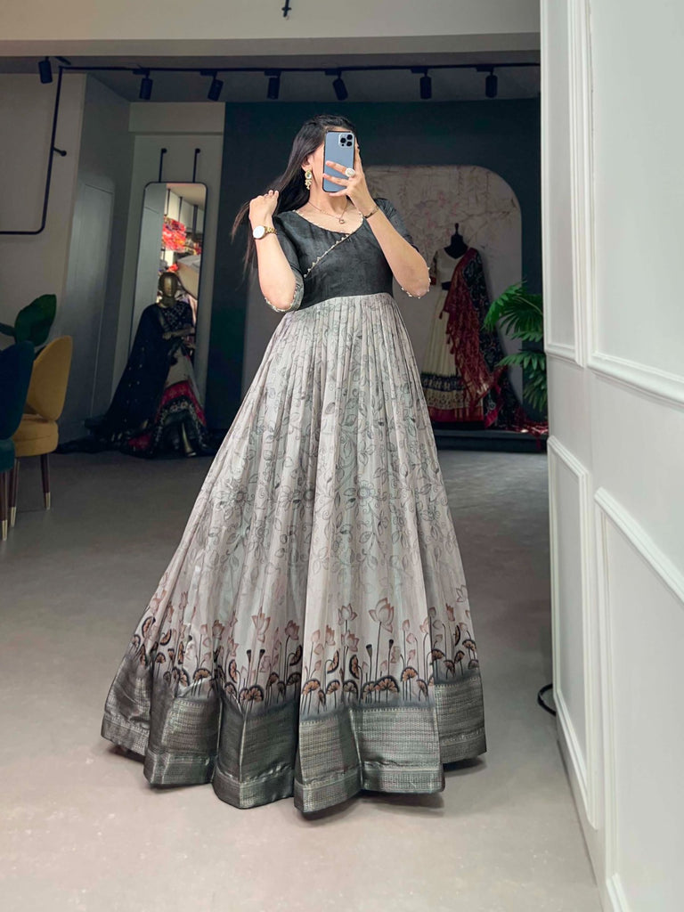 Tussar Silk Grey Printed Gown with Adjustable Comfort Tussar Silk Grey Printed Gown with Adjustable Comfort