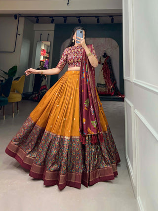 Tussar Silk Mustard Lehenga Choli Set: Printed Elegance with Foil Work ClothsVilla
