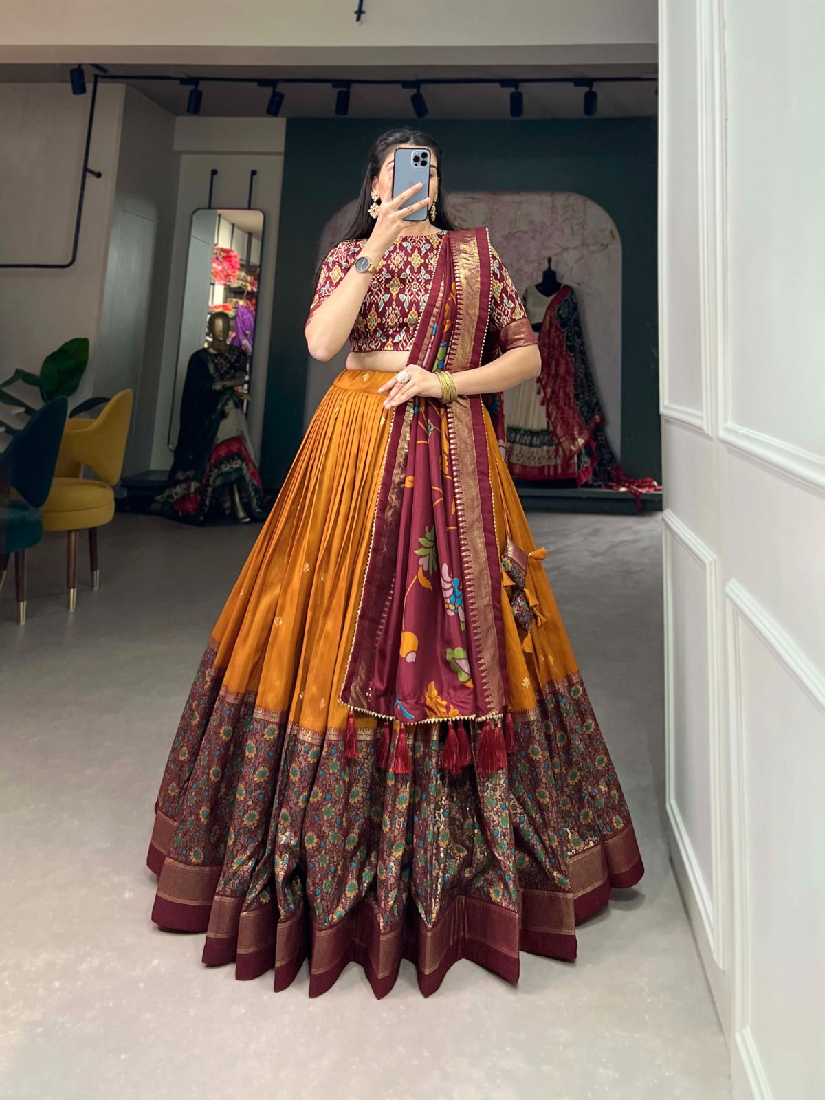 Tussar Silk Mustard Lehenga Choli Set: Printed Elegance with Foil Work ClothsVilla