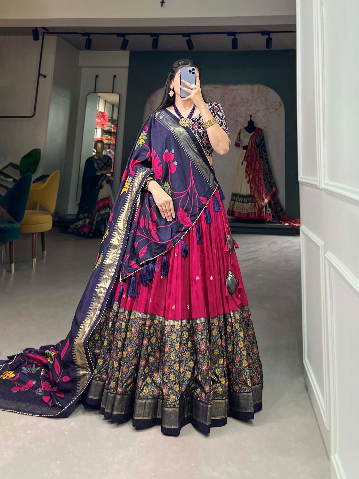Tussar Silk Pink Lehenga Choli Set: Printed Elegance with Foil Work ClothsVilla