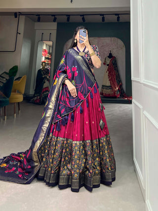 Tussar Silk Pink Lehenga Choli Set: Printed Elegance with Foil Work ClothsVilla