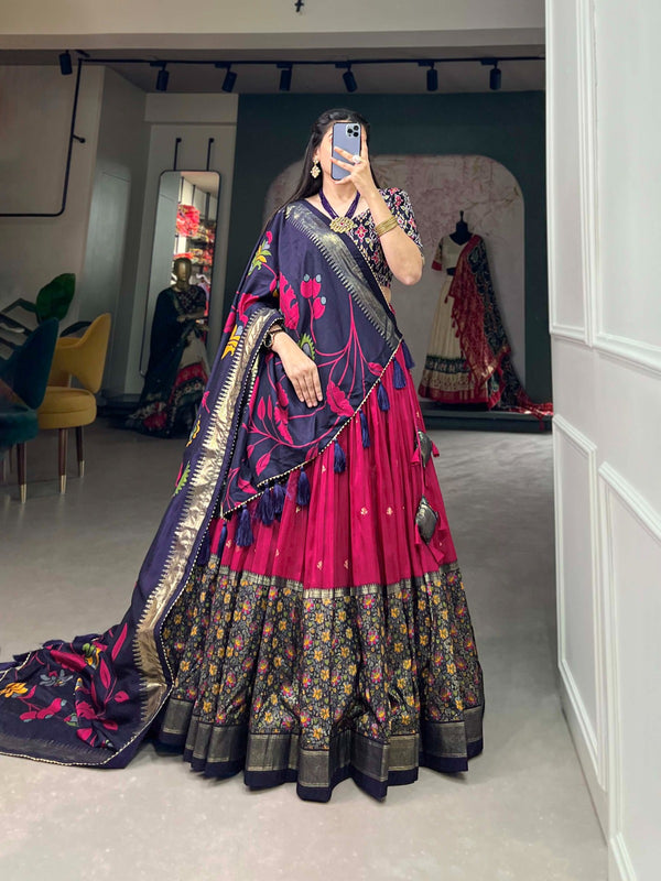 Tussar Silk Pink Lehenga Choli Set: Printed Elegance with Foil Work ClothsVilla