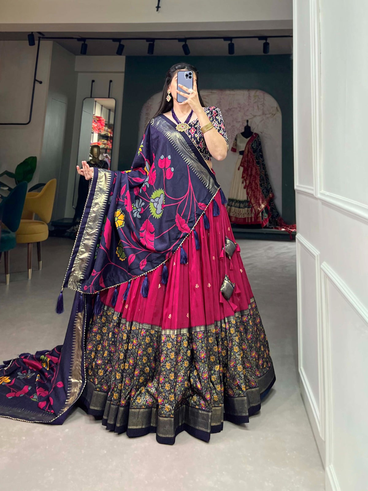 Tussar Silk Pink Lehenga Choli Set: Printed Elegance with Foil Work ClothsVilla