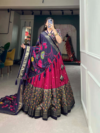 Tussar Silk Pink Lehenga Choli Set: Printed Elegance with Foil Work ClothsVilla