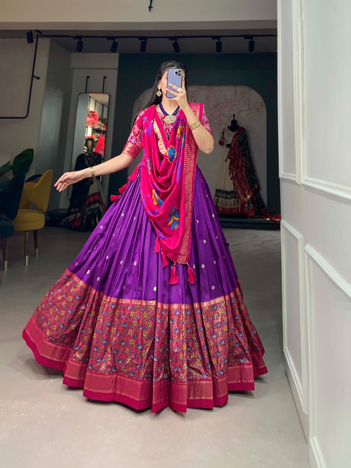 Tussar Silk Purple Lehenga Choli Set: Printed Elegance with Foil Work ClothsVilla