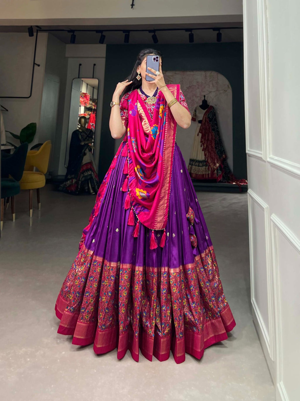 Tussar Silk Purple Lehenga Choli Set: Printed Elegance with Foil Work ClothsVilla