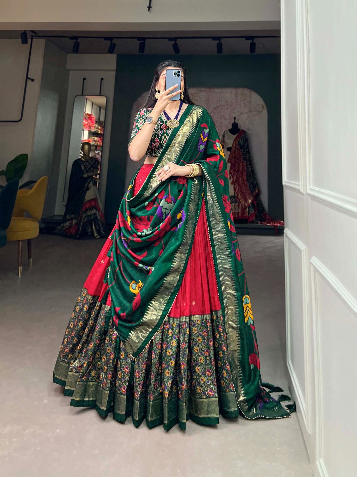Tussar Silk Red Lehenga Choli Set: Printed Elegance with Foil Work ClothsVilla