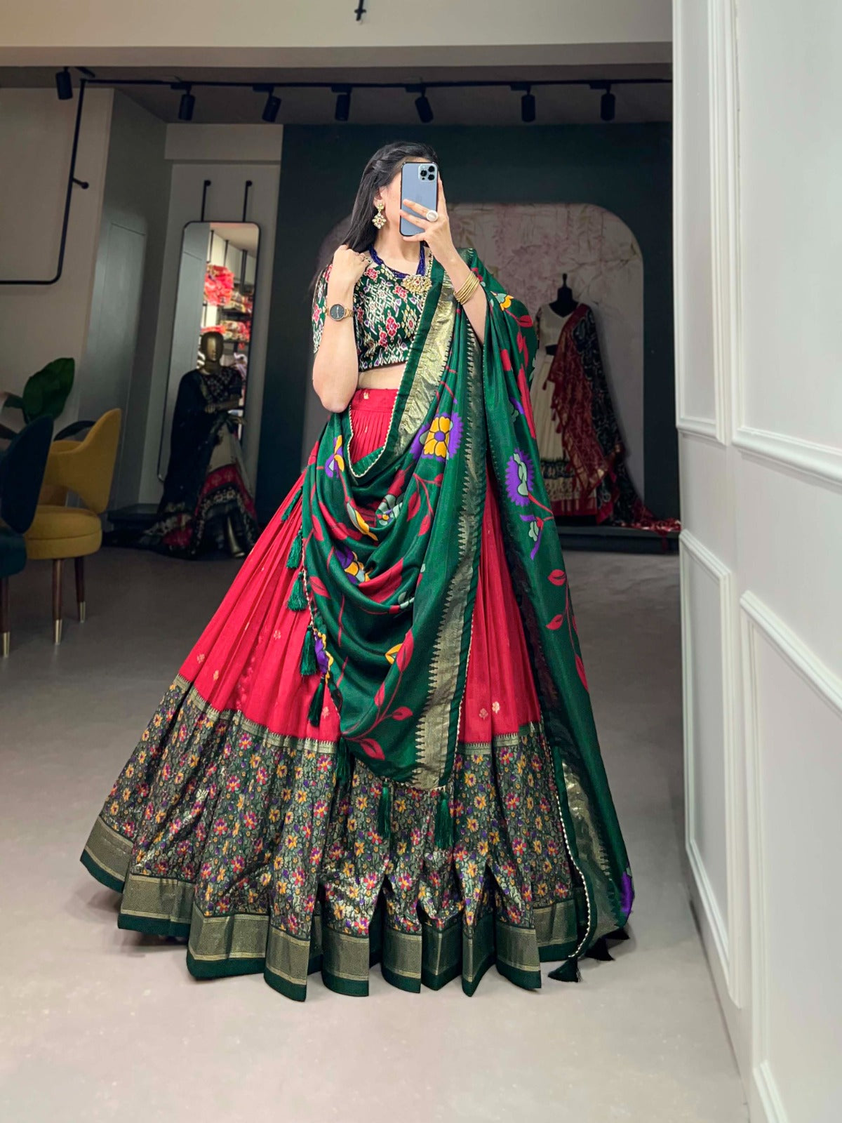 Tussar Silk Red Lehenga Choli Set: Printed Elegance with Foil Work ClothsVilla